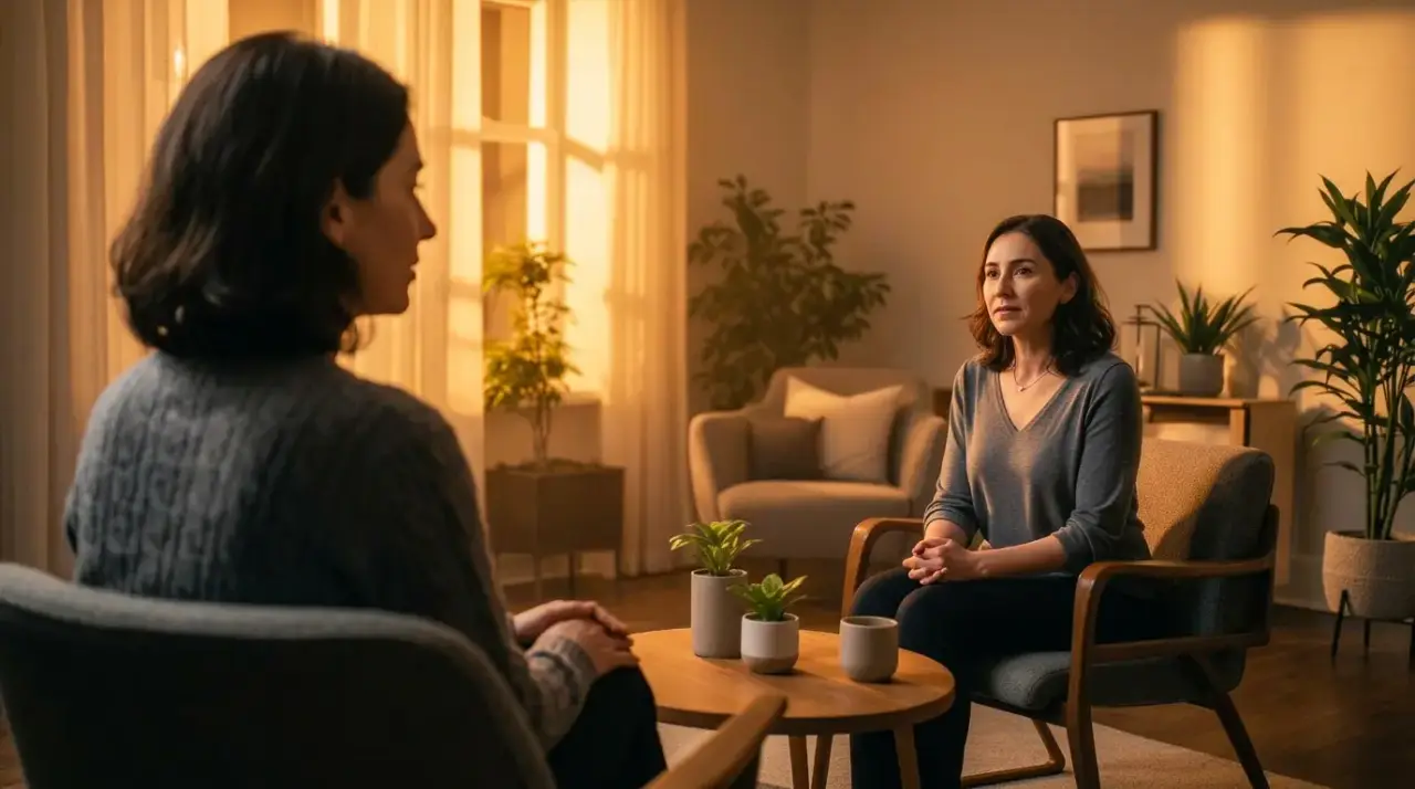 Trauma and EMDR group practice therapy setting Calm, sunlit therapy office setting representing trauma and EMDR group practices